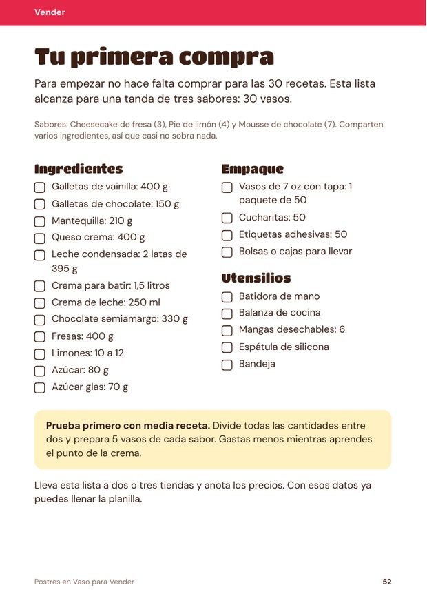 Página del recetario: tu primera compra: lista para 30 vasos