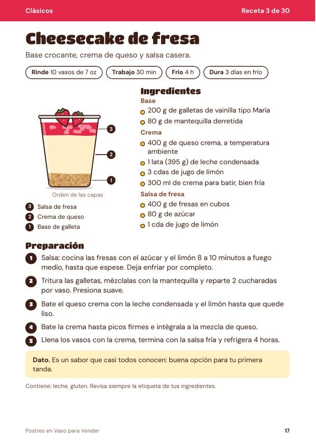 Página del recetario: cada receta trae ingredientes, pasos y el orden de las capas